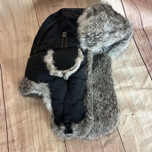 MAD BOMBER RABBIT FUR TRAPPER HAT BLACK NYLON CHIN STRAP ADULT SIZE Small